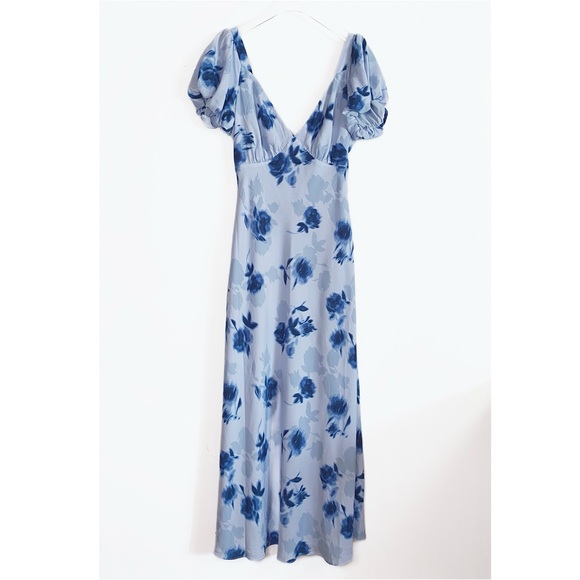 Abercrombie & Fitch NWT Maxi Dress Puff sleeve tie back slip Blue Floral size L - Picture 2 of 16